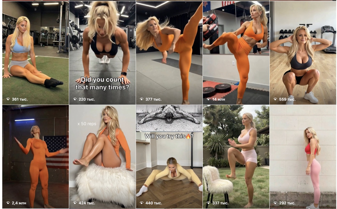 Instagram Reels grid showing multiple fitness videos between 220 thousand and 14 million views
